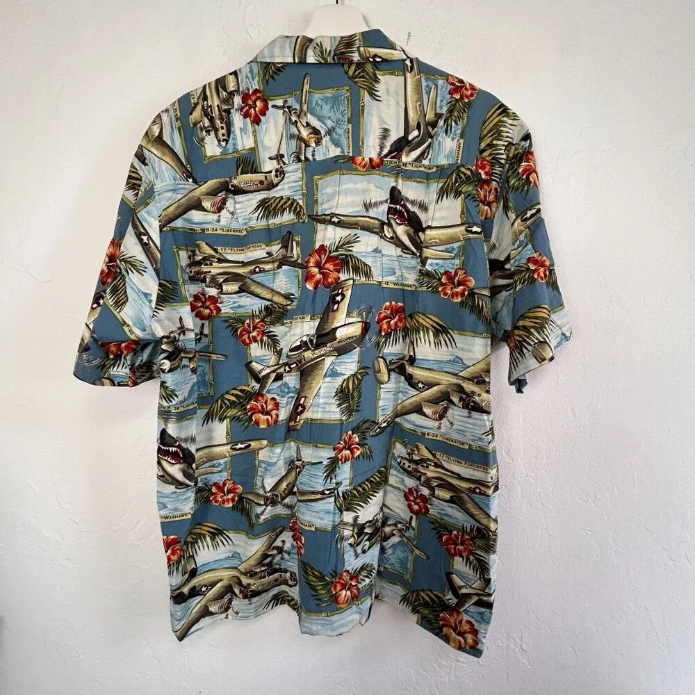 Vintage Kalaheo Mens Airplane & Hibiscus Print Button Up Hawaiian Shirt Large - Picture 2 of 7